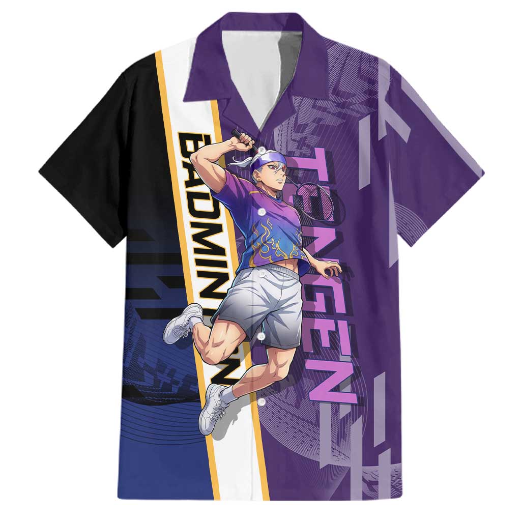 Personalized Tengen Uzui Demon Slayer Badminton Family Matching Off Shoulder Short Dress and Hawaiian Shirt with Racket Action Pose and Purple Black Graphic Design