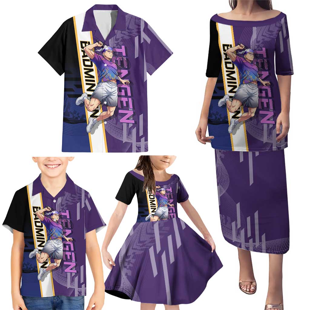 Personalized Tengen Uzui Demon Slayer Badminton Family Matching Puletasi and Hawaiian Shirt with Racket Action Pose and Purple Black Graphic Design