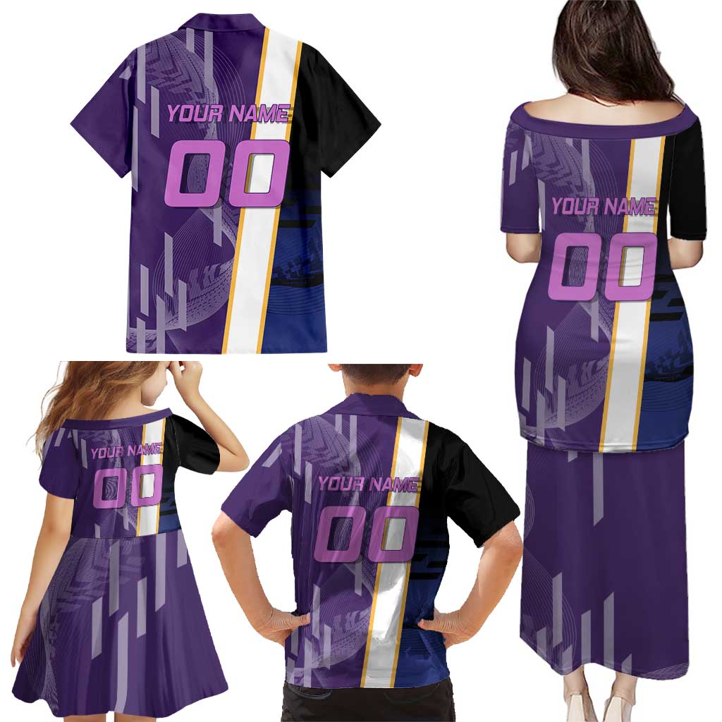 Personalized Tengen Uzui Demon Slayer Badminton Family Matching Puletasi and Hawaiian Shirt with Racket Action Pose and Purple Black Graphic Design