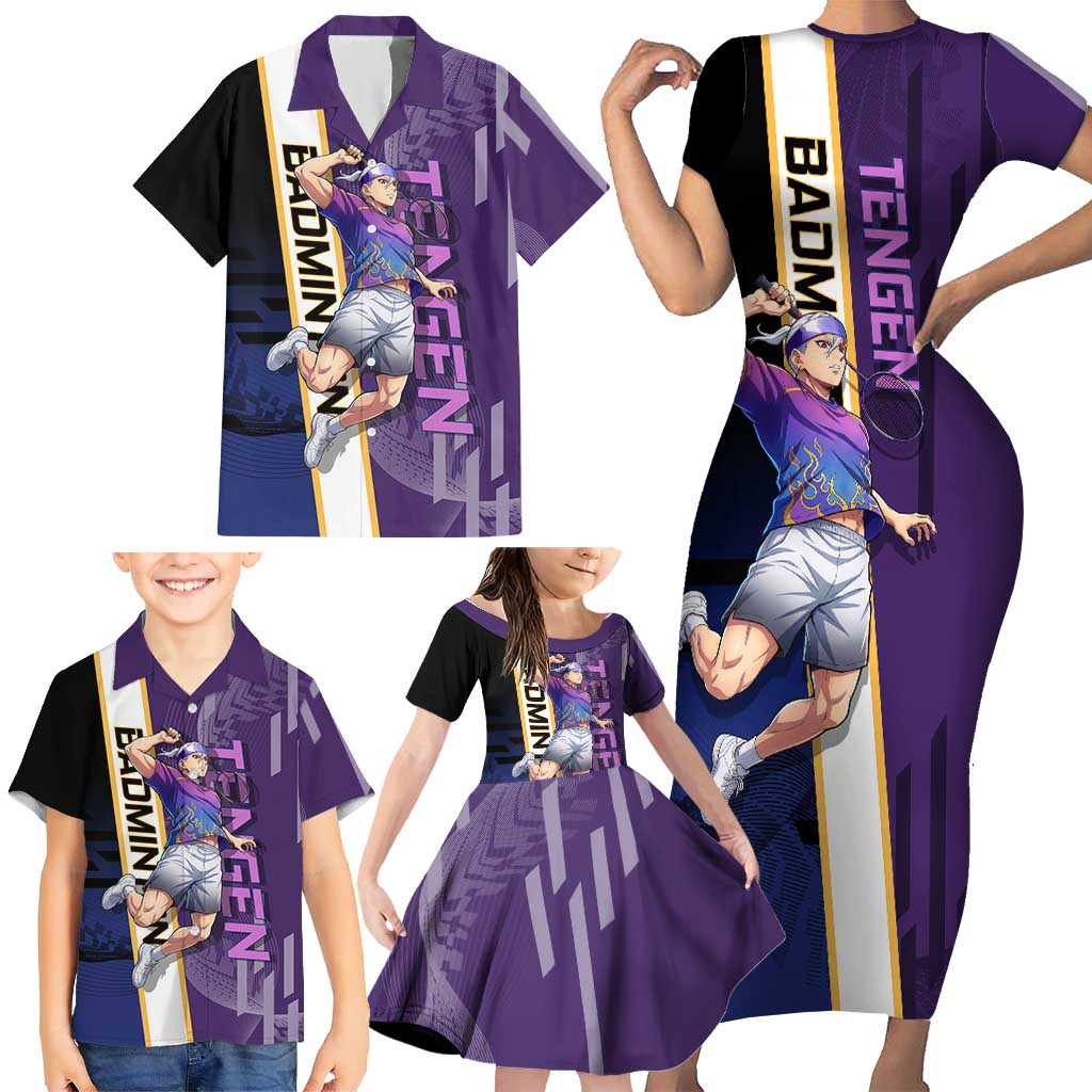 Personalized Tengen Uzui Demon Slayer Badminton Family Matching Short Sleeve Bodycon Dress and Hawaiian Shirt with Racket Action Pose and Purple Black Graphic Design