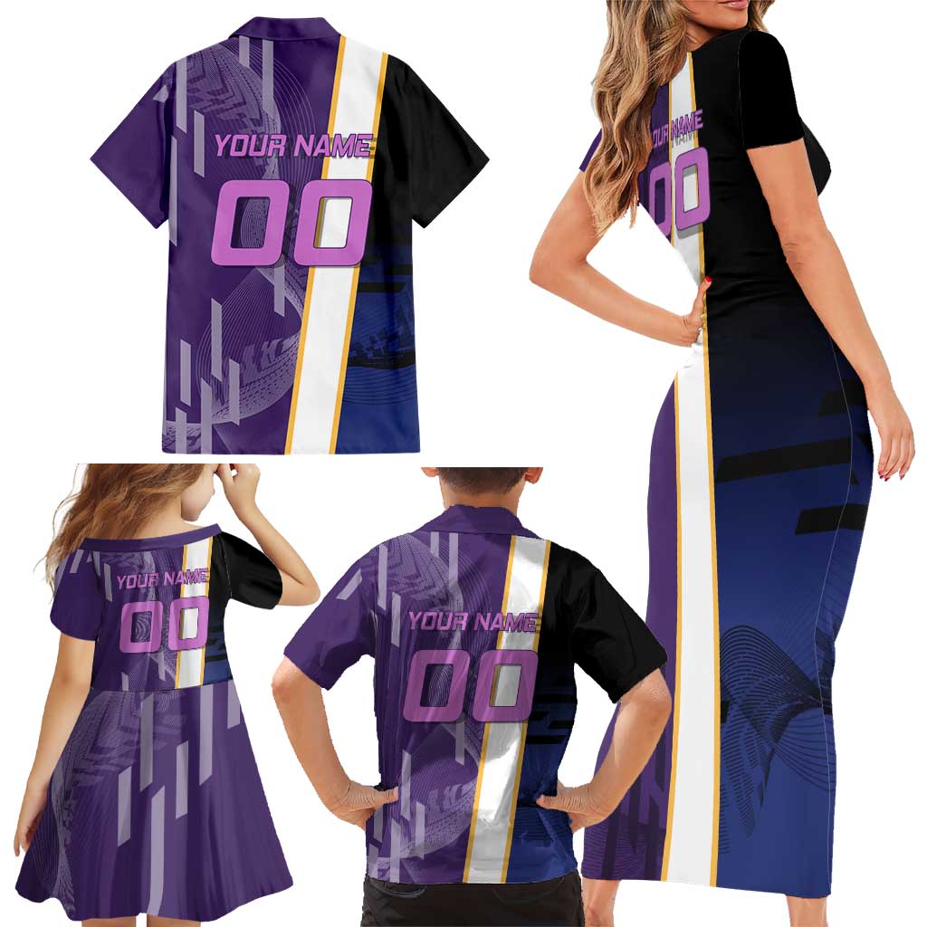Personalized Tengen Uzui Demon Slayer Badminton Family Matching Short Sleeve Bodycon Dress and Hawaiian Shirt with Racket Action Pose and Purple Black Graphic Design