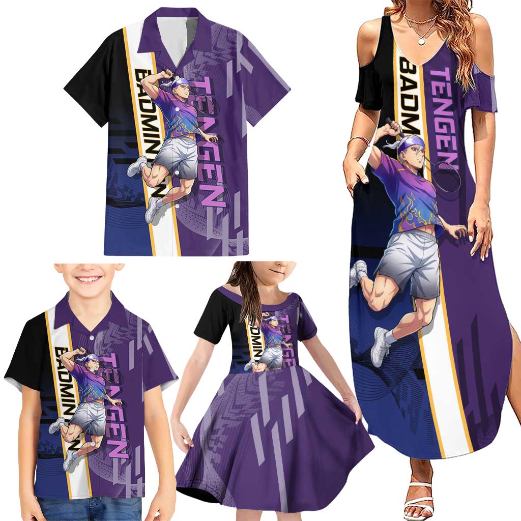 Personalized Tengen Uzui Demon Slayer Badminton Family Matching Summer Maxi Dress and Hawaiian Shirt with Racket Action Pose and Purple Black Graphic Design