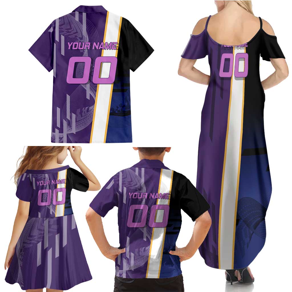 Personalized Tengen Uzui Demon Slayer Badminton Family Matching Summer Maxi Dress and Hawaiian Shirt with Racket Action Pose and Purple Black Graphic Design