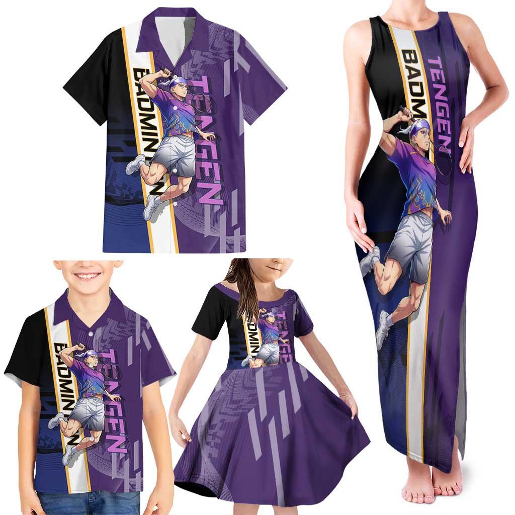 Personalized Tengen Uzui Demon Slayer Badminton Family Matching Tank Maxi Dress and Hawaiian Shirt with Racket Action Pose and Purple Black Graphic Design