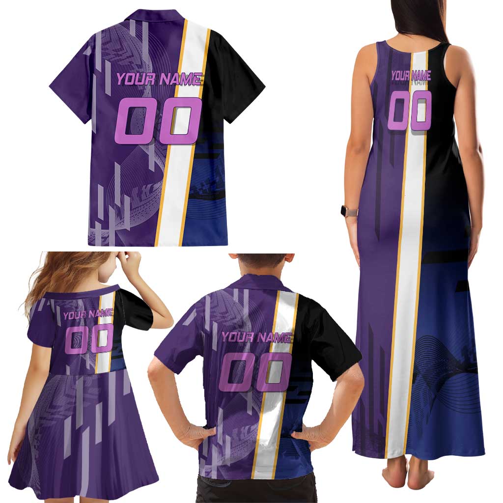 Personalized Tengen Uzui Demon Slayer Badminton Family Matching Tank Maxi Dress and Hawaiian Shirt with Racket Action Pose and Purple Black Graphic Design
