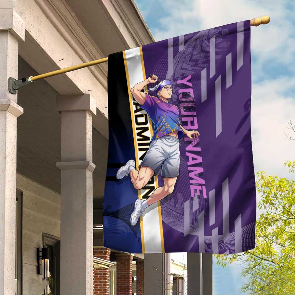 Personalized Tengen Uzui Demon Slayer Badminton Garden Flag with Racket Action Pose and Purple Black Graphic Design - The Mazicc