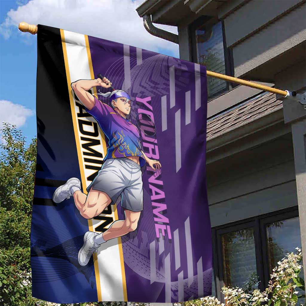 Personalized Tengen Uzui Demon Slayer Badminton Garden Flag with Racket Action Pose and Purple Black Graphic Design - The Mazicc