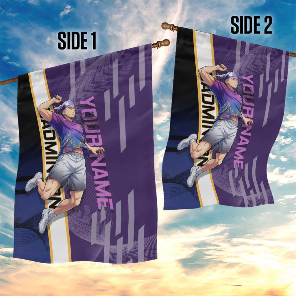 Personalized Tengen Uzui Demon Slayer Badminton Garden Flag with Racket Action Pose and Purple Black Graphic Design - The Mazicc