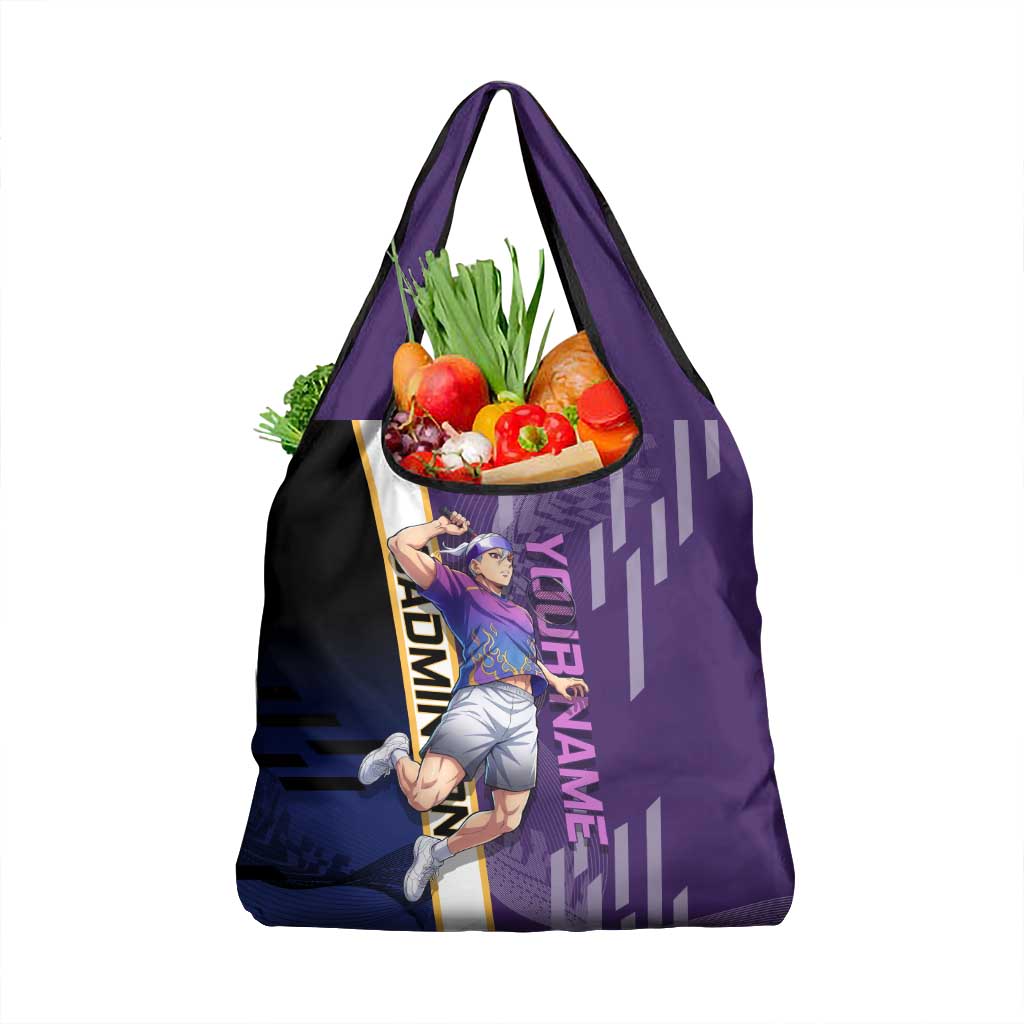 Personalized Tengen Uzui Demon Slayer Badminton Grocery Bag with Racket Action Pose and Purple Black Graphic Design - The Mazicc