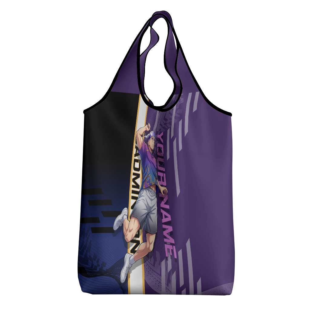 Personalized Tengen Uzui Demon Slayer Badminton Grocery Bag with Racket Action Pose and Purple Black Graphic Design - The Mazicc