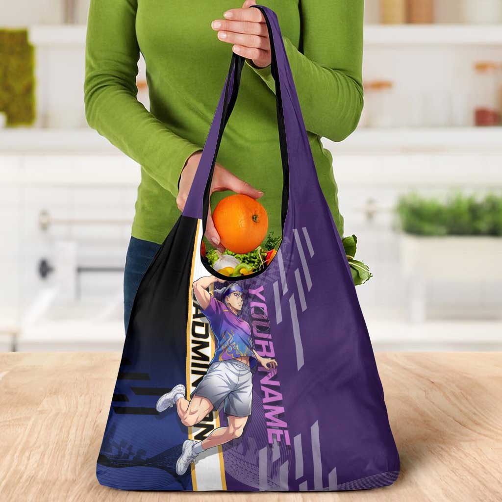 Personalized Tengen Uzui Demon Slayer Badminton Grocery Bag with Racket Action Pose and Purple Black Graphic Design - The Mazicc