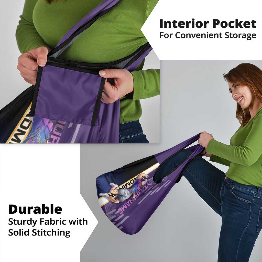 Personalized Tengen Uzui Demon Slayer Badminton Grocery Bag with Racket Action Pose and Purple Black Graphic Design - The Mazicc