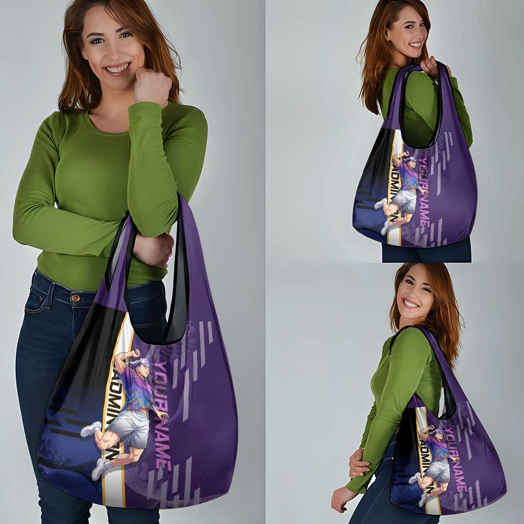 Personalized Tengen Uzui Demon Slayer Badminton Grocery Bag with Racket Action Pose and Purple Black Graphic Design - The Mazicc