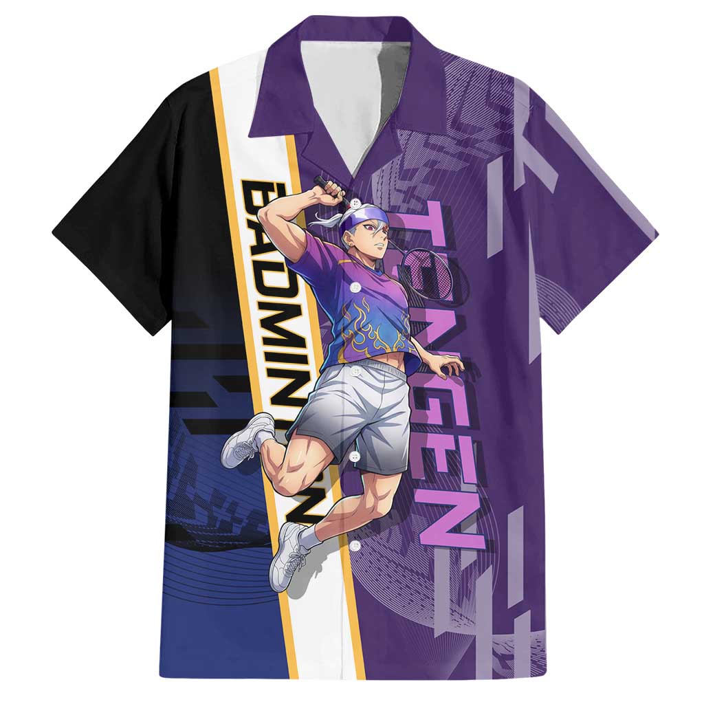 Personalized Tengen Uzui Demon Slayer Badminton Hawaiian Shirt with Racket Action Pose and Purple Black Graphic Design - The Mazicc
