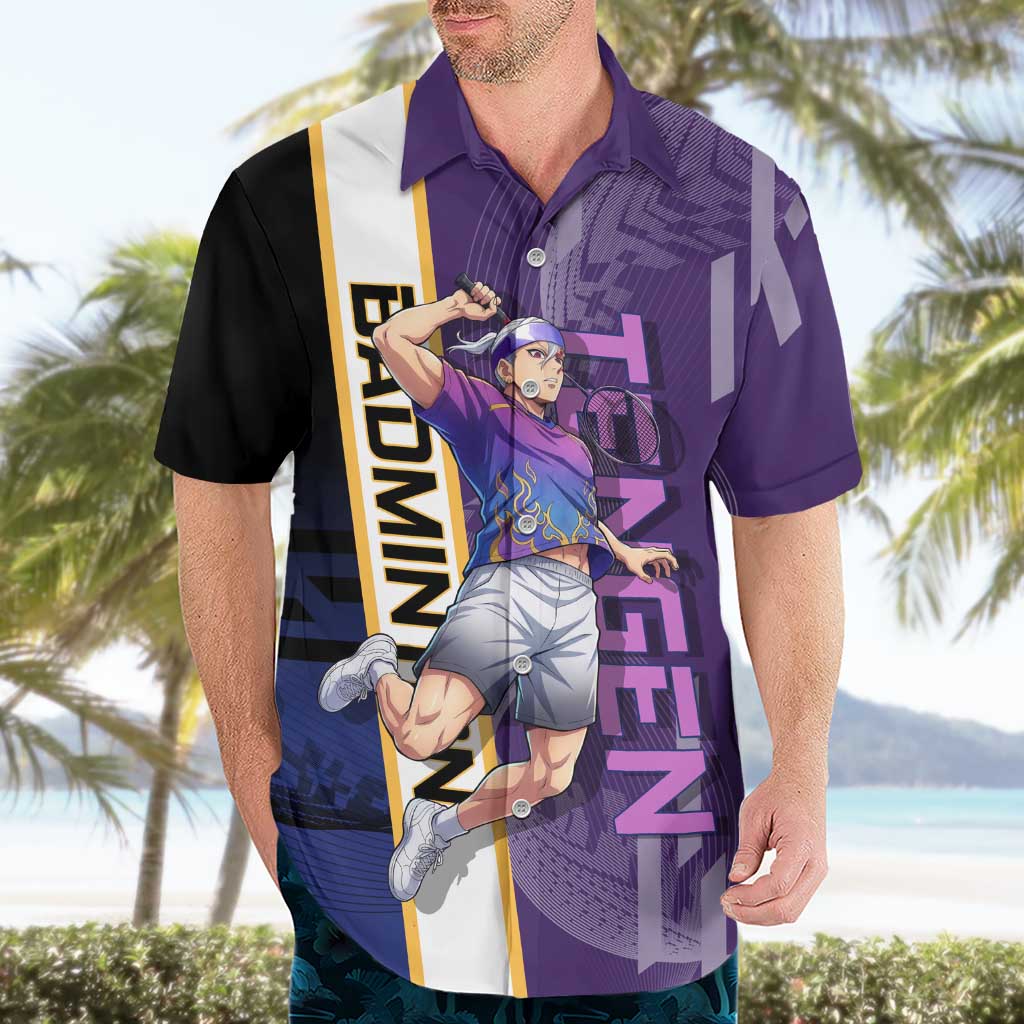 Personalized Tengen Uzui Demon Slayer Badminton Hawaiian Shirt with Racket Action Pose and Purple Black Graphic Design - The Mazicc
