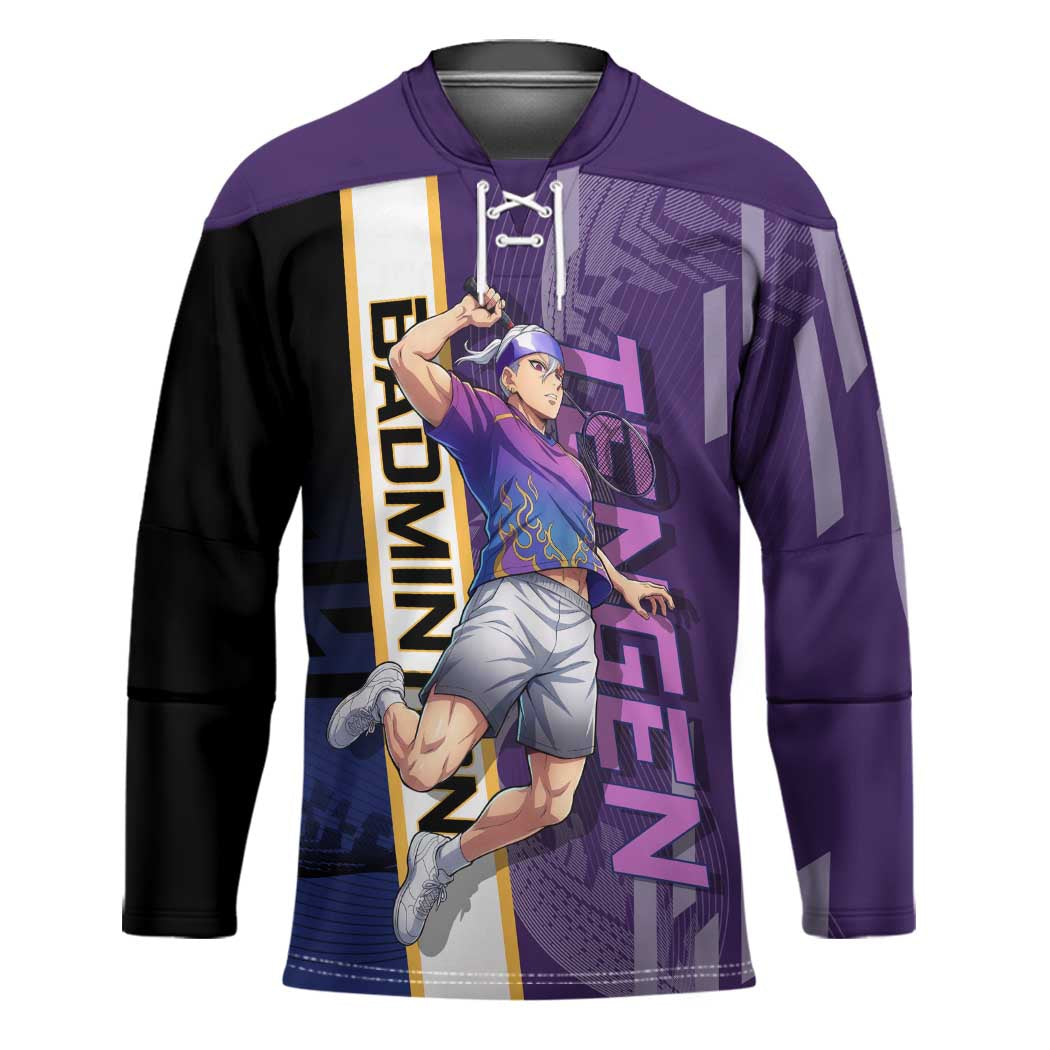 Personalized Tengen Uzui Demon Slayer Badminton Hockey Jersey with Racket Action Pose and Purple Black Graphic Design - The Mazicc