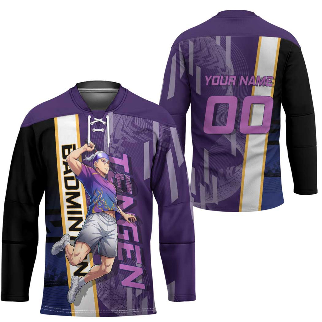Personalized Tengen Uzui Demon Slayer Badminton Hockey Jersey with Racket Action Pose and Purple Black Graphic Design - The Mazicc
