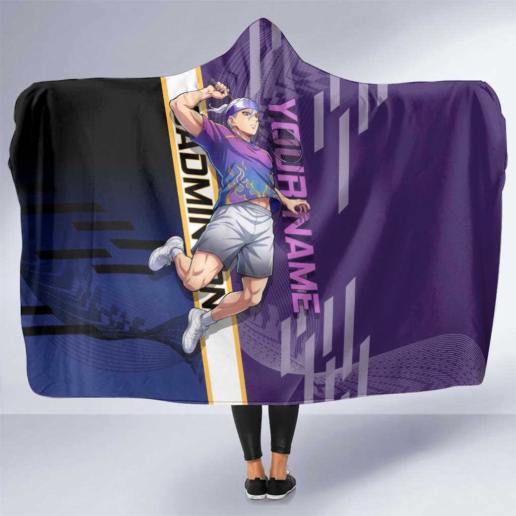 Personalized Tengen Uzui Demon Slayer Badminton Hooded Blanket with Racket Action Pose and Purple Black Graphic Design - The Mazicc