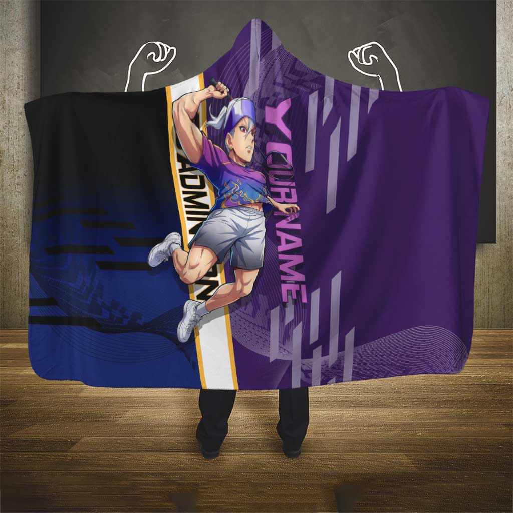 Personalized Tengen Uzui Demon Slayer Badminton Hooded Blanket with Racket Action Pose and Purple Black Graphic Design - The Mazicc
