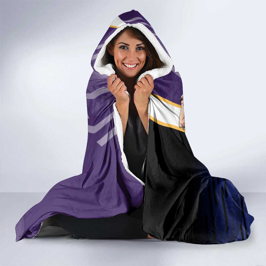 Personalized Tengen Uzui Demon Slayer Badminton Hooded Blanket with Racket Action Pose and Purple Black Graphic Design - The Mazicc