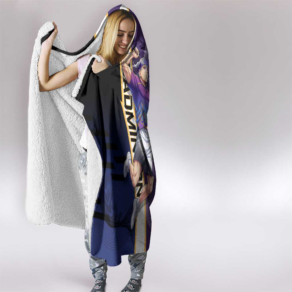 Personalized Tengen Uzui Demon Slayer Badminton Hooded Blanket with Racket Action Pose and Purple Black Graphic Design - The Mazicc
