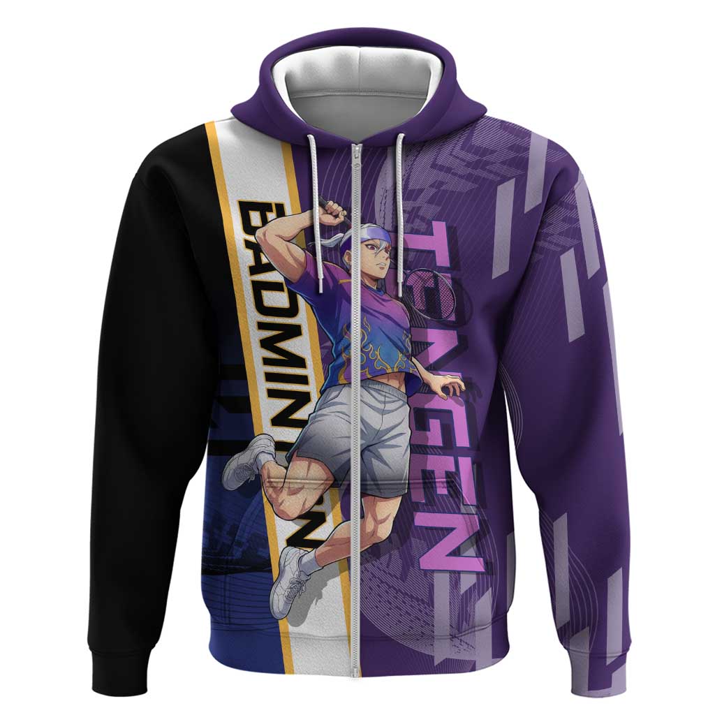 Personalized Tengen Uzui Demon Slayer Badminton Hoodie with Racket Action Pose and Purple Black Graphic Design - The Mazicc