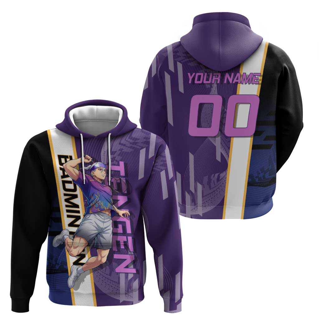 Personalized Tengen Uzui Demon Slayer Badminton Hoodie with Racket Action Pose and Purple Black Graphic Design - The Mazicc