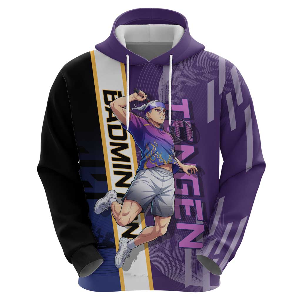 Personalized Tengen Uzui Demon Slayer Badminton Hoodie with Racket Action Pose and Purple Black Graphic Design - The Mazicc