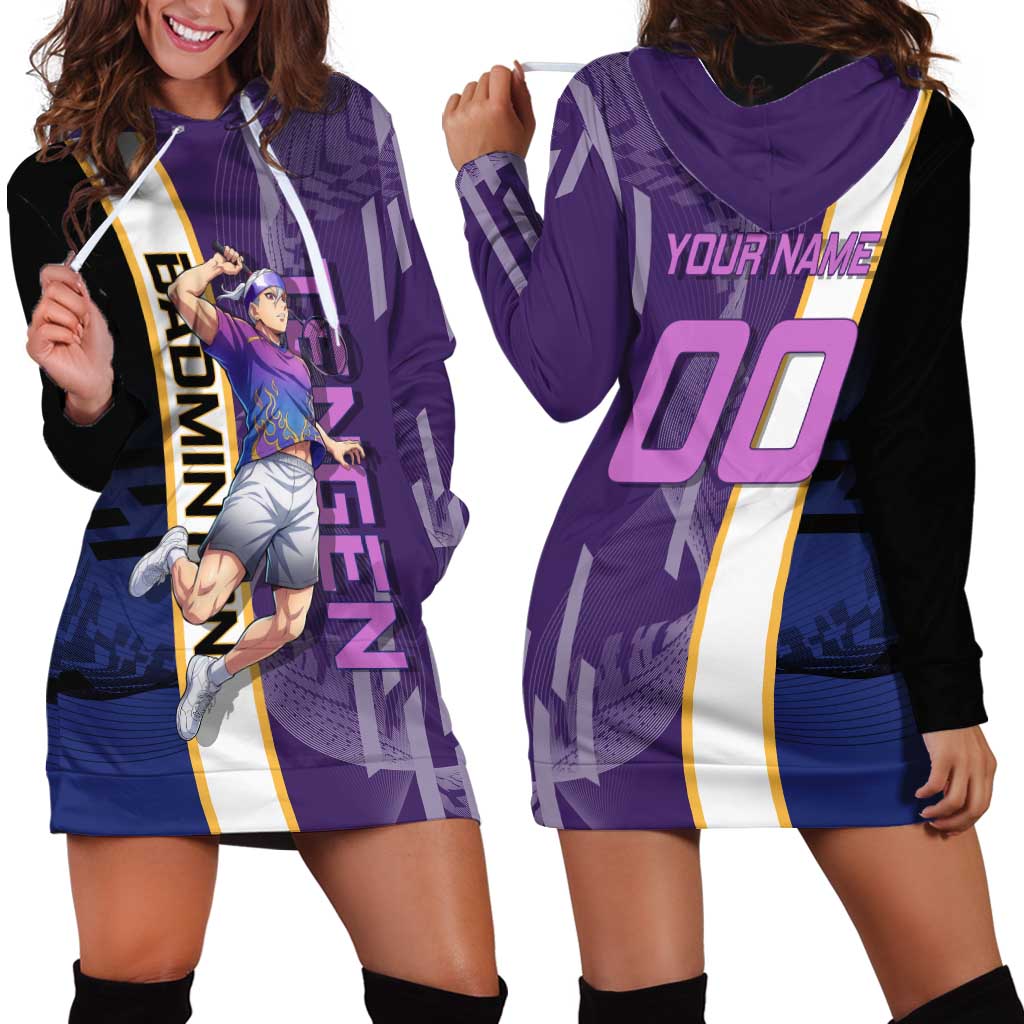 Personalized Tengen Uzui Demon Slayer Badminton Hoodie Dress with Racket Action Pose and Purple Black Graphic Design - The Mazicc