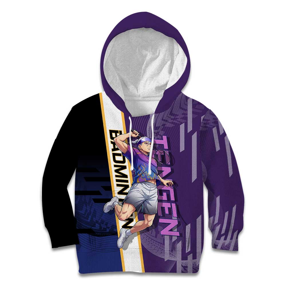 Personalized Tengen Uzui Demon Slayer Badminton Kid Hoodie with Racket Action Pose and Purple Black Graphic Design - The Mazicc