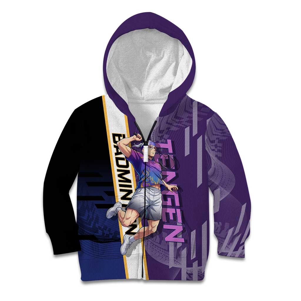 Personalized Tengen Uzui Demon Slayer Badminton Kid Hoodie with Racket Action Pose and Purple Black Graphic Design - The Mazicc