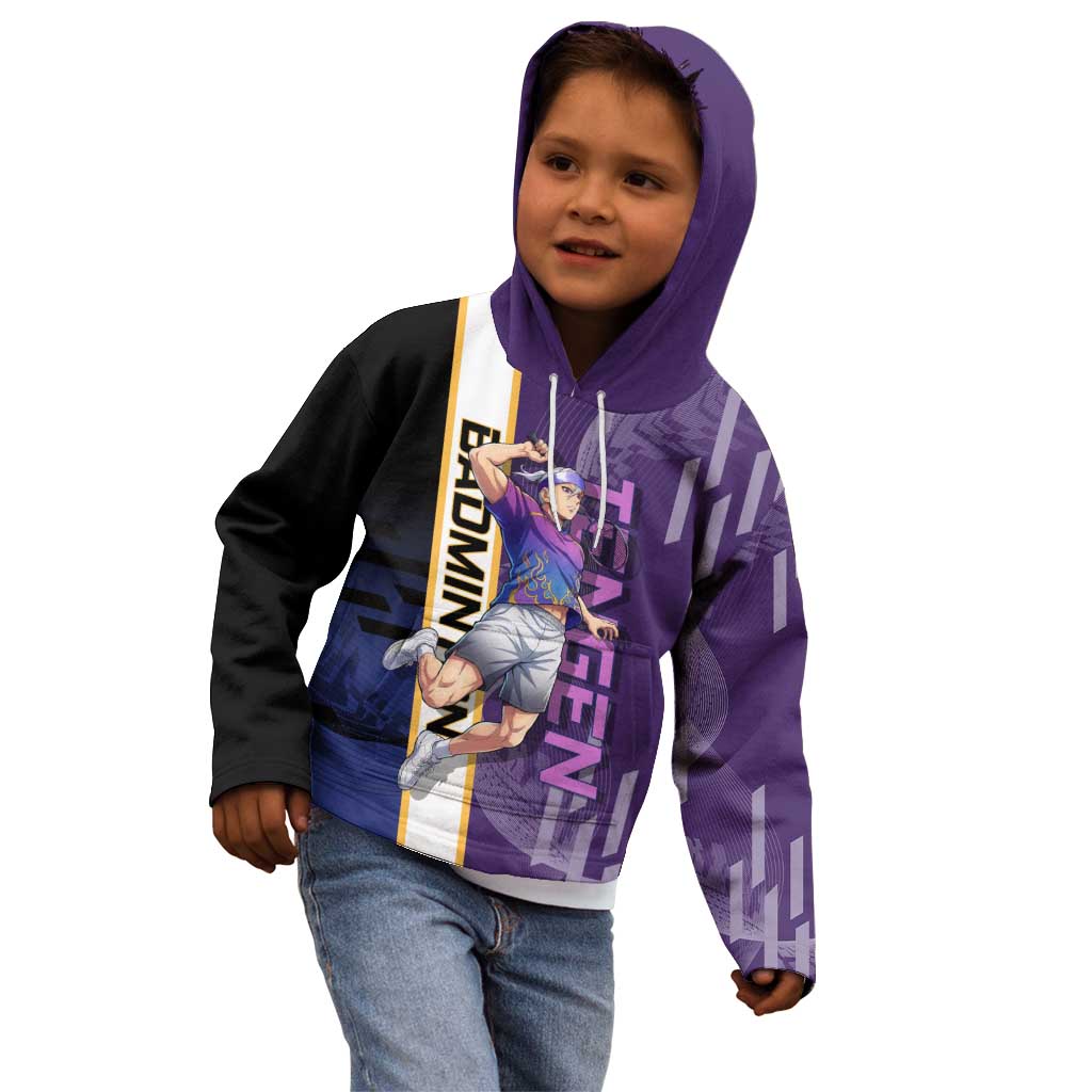Personalized Tengen Uzui Demon Slayer Badminton Kid Hoodie with Racket Action Pose and Purple Black Graphic Design - The Mazicc