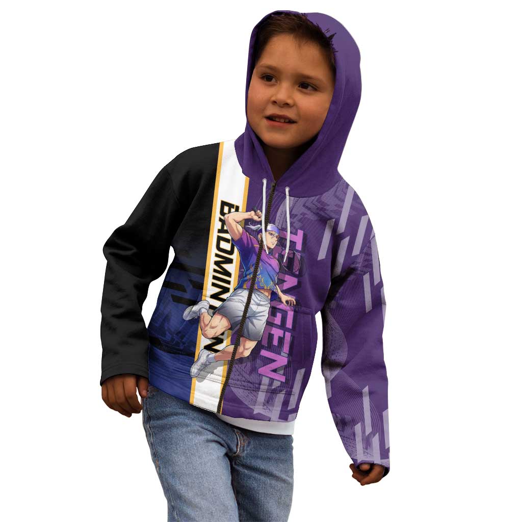 Personalized Tengen Uzui Demon Slayer Badminton Kid Hoodie with Racket Action Pose and Purple Black Graphic Design - The Mazicc