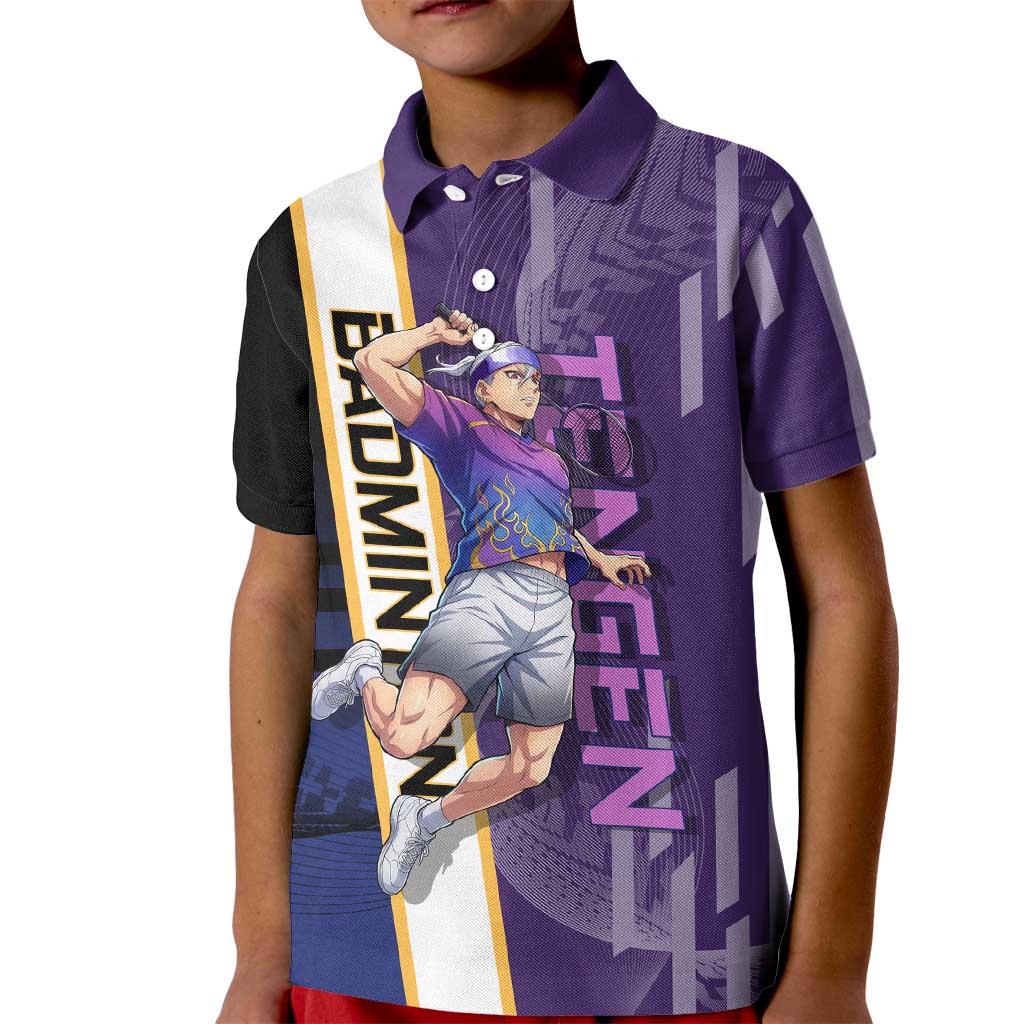 Personalized Tengen Uzui Demon Slayer Badminton Kid Polo Shirt with Racket Action Pose and Purple Black Graphic Design - The Mazicc
