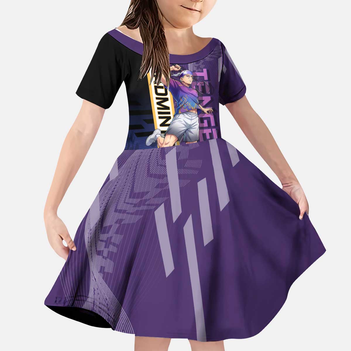 Personalized Tengen Uzui Demon Slayer Badminton Kid Short Sleeve Dress with Racket Action Pose and Purple Black Graphic Design - The Mazicc