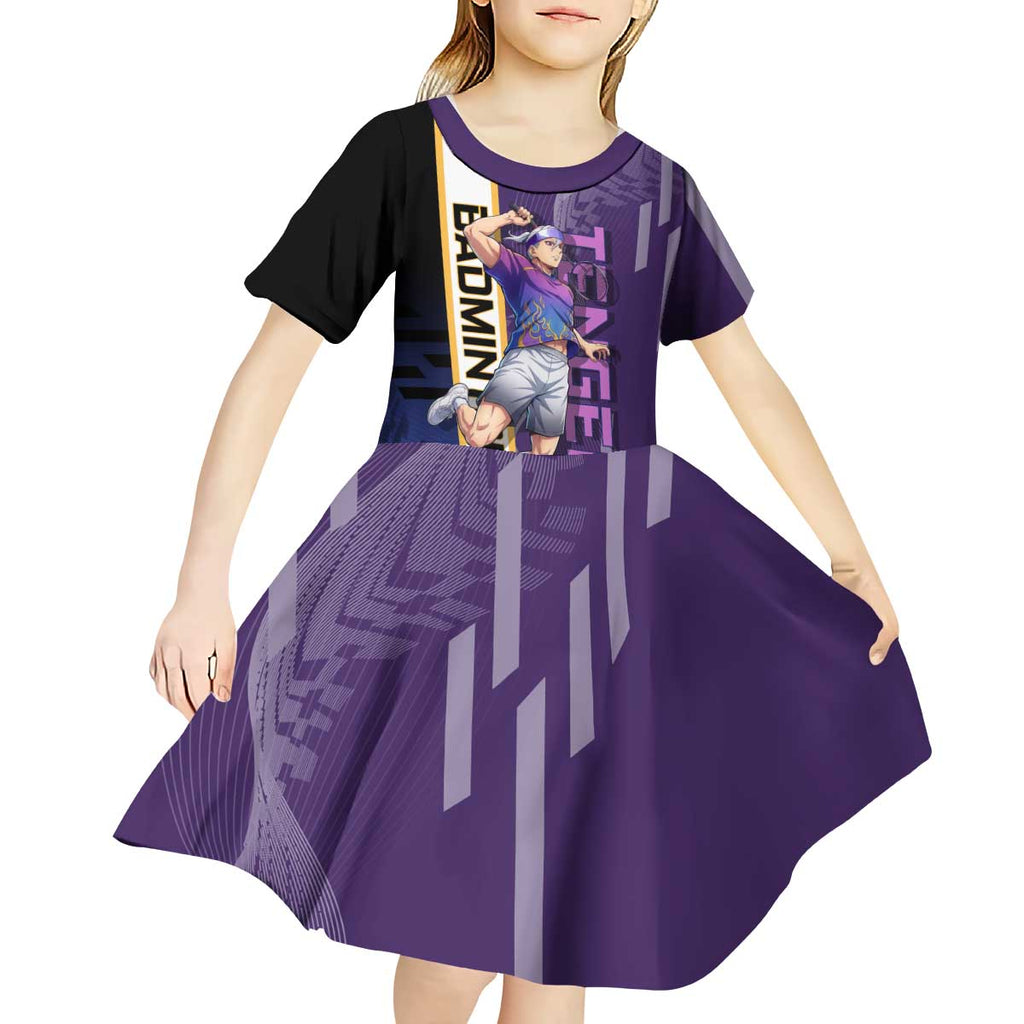Personalized Tengen Uzui Demon Slayer Badminton Kid Short Sleeve Dress with Racket Action Pose and Purple Black Graphic Design - The Mazicc