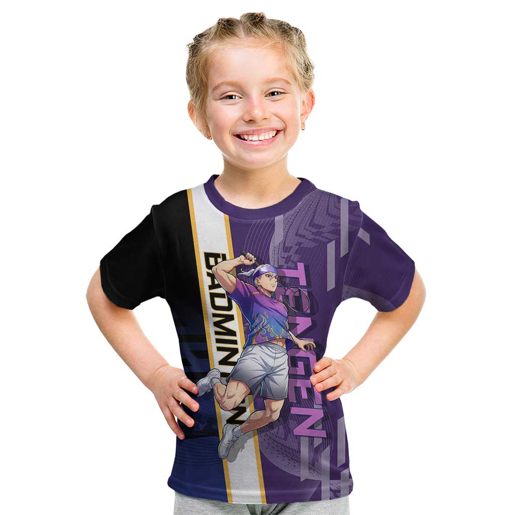 Personalized Tengen Uzui Demon Slayer Badminton Kid T Shirt with Racket Action Pose and Purple Black Graphic Design - The Mazicc