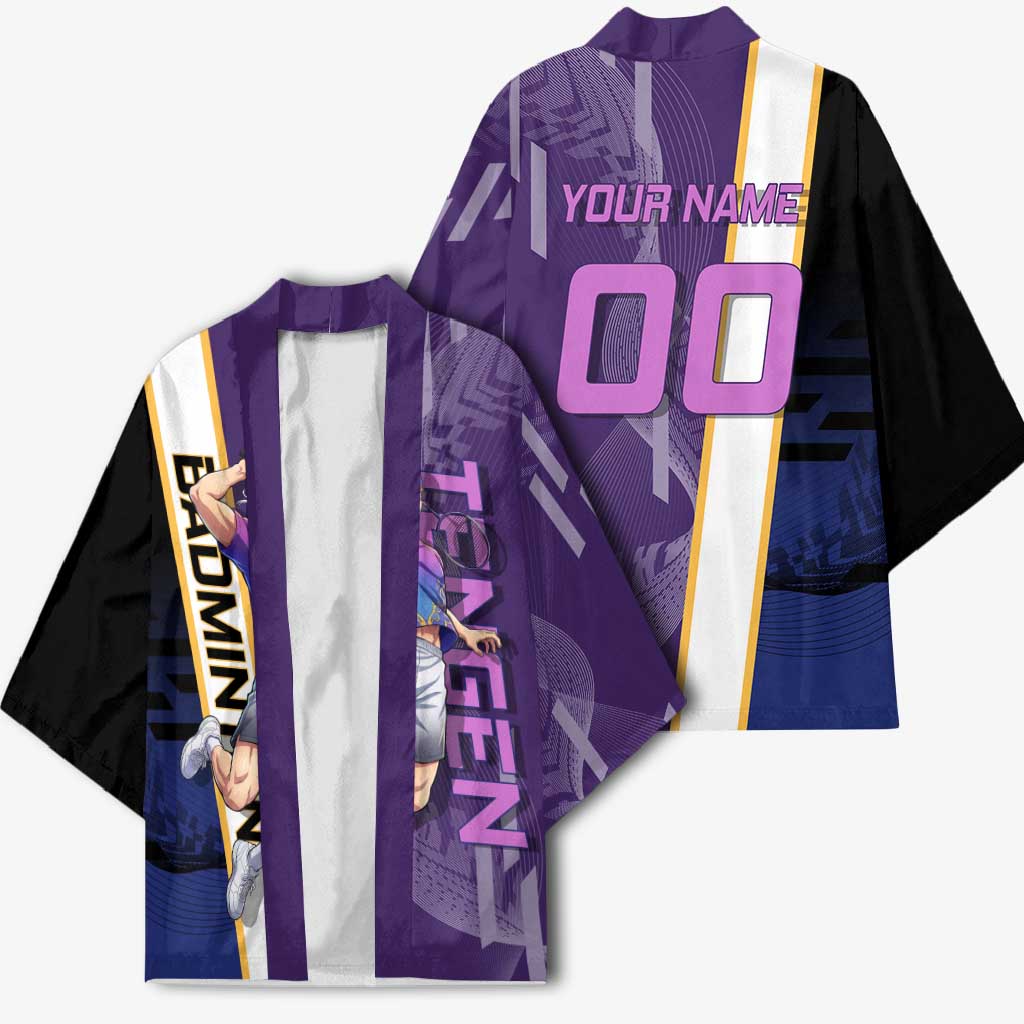 Personalized Tengen Uzui Demon Slayer Badminton Kimono with Racket Action Pose and Purple Black Graphic Design - The Mazicc