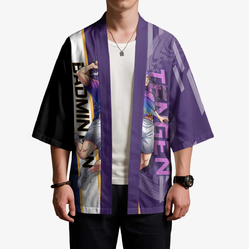 Personalized Tengen Uzui Demon Slayer Badminton Kimono with Racket Action Pose and Purple Black Graphic Design - The Mazicc