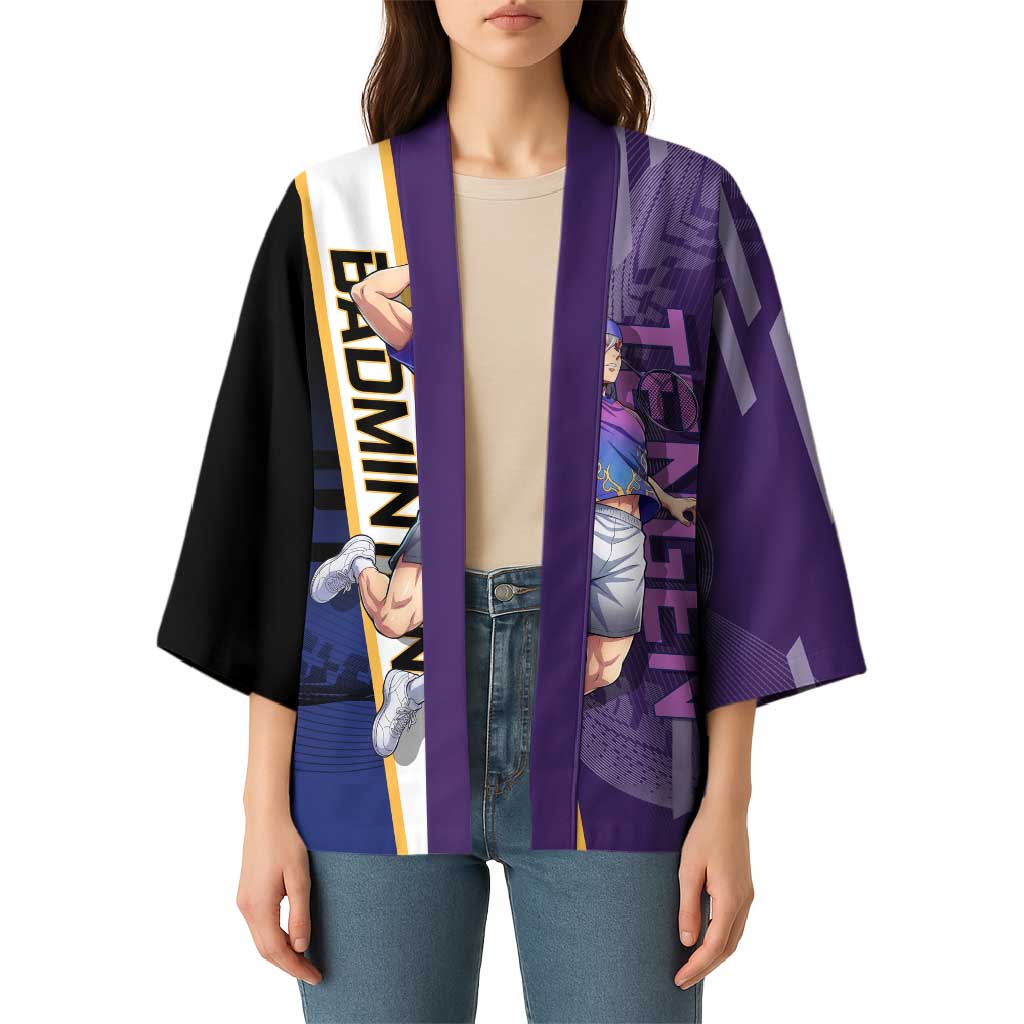 Personalized Tengen Uzui Demon Slayer Badminton Kimono with Racket Action Pose and Purple Black Graphic Design - The Mazicc