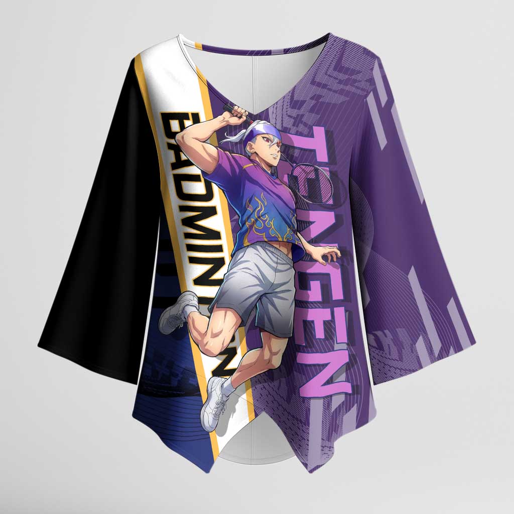 Personalized Tengen Uzui Demon Slayer Badminton Kimono Sleeve Blouse with Racket Action Pose and Purple Black Graphic Design - The Mazicc