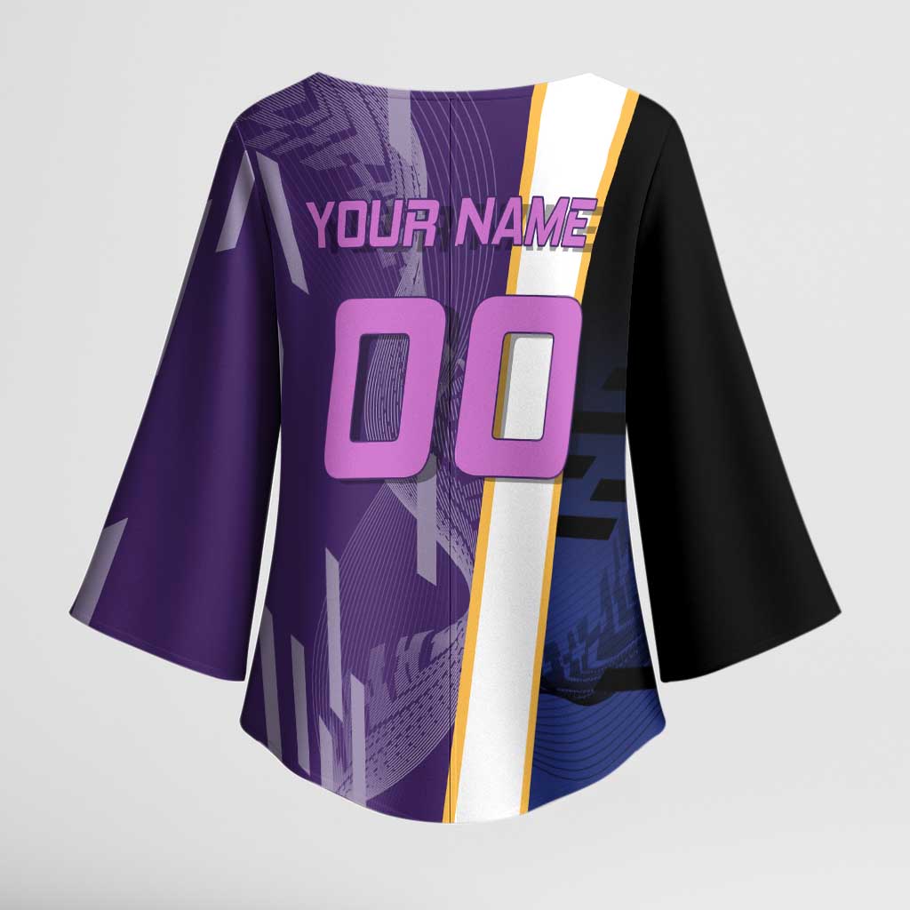 Personalized Tengen Uzui Demon Slayer Badminton Kimono Sleeve Blouse with Racket Action Pose and Purple Black Graphic Design - The Mazicc