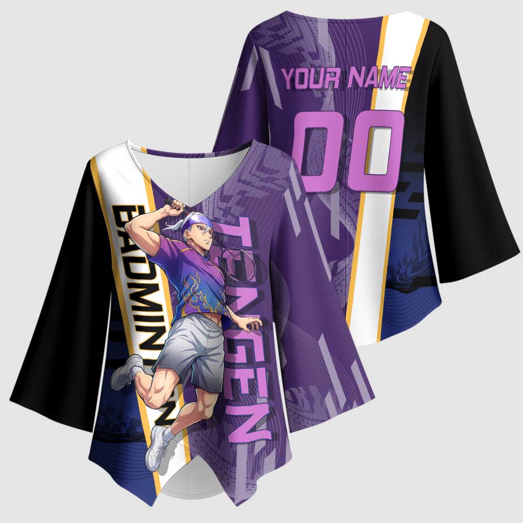 Personalized Tengen Uzui Demon Slayer Badminton Kimono Sleeve Blouse with Racket Action Pose and Purple Black Graphic Design - The Mazicc
