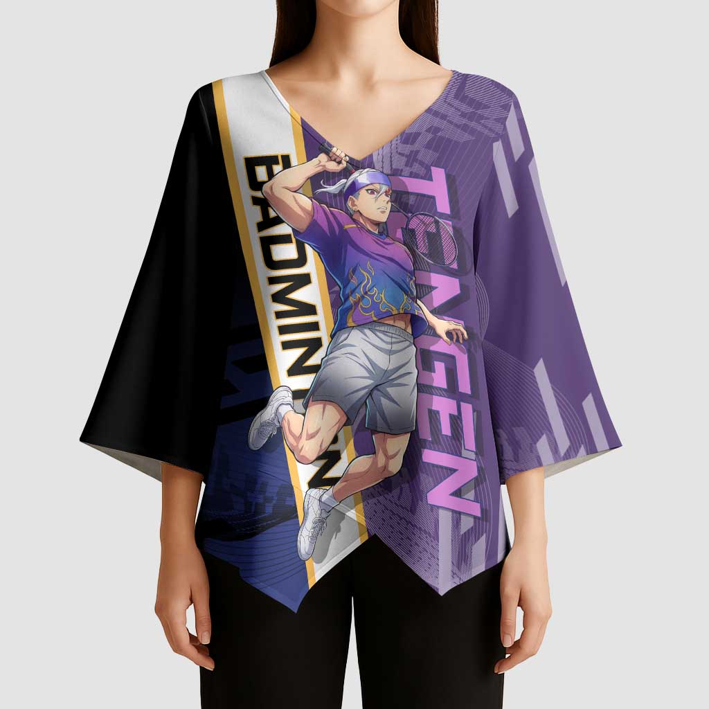Personalized Tengen Uzui Demon Slayer Badminton Kimono Sleeve Blouse with Racket Action Pose and Purple Black Graphic Design - The Mazicc