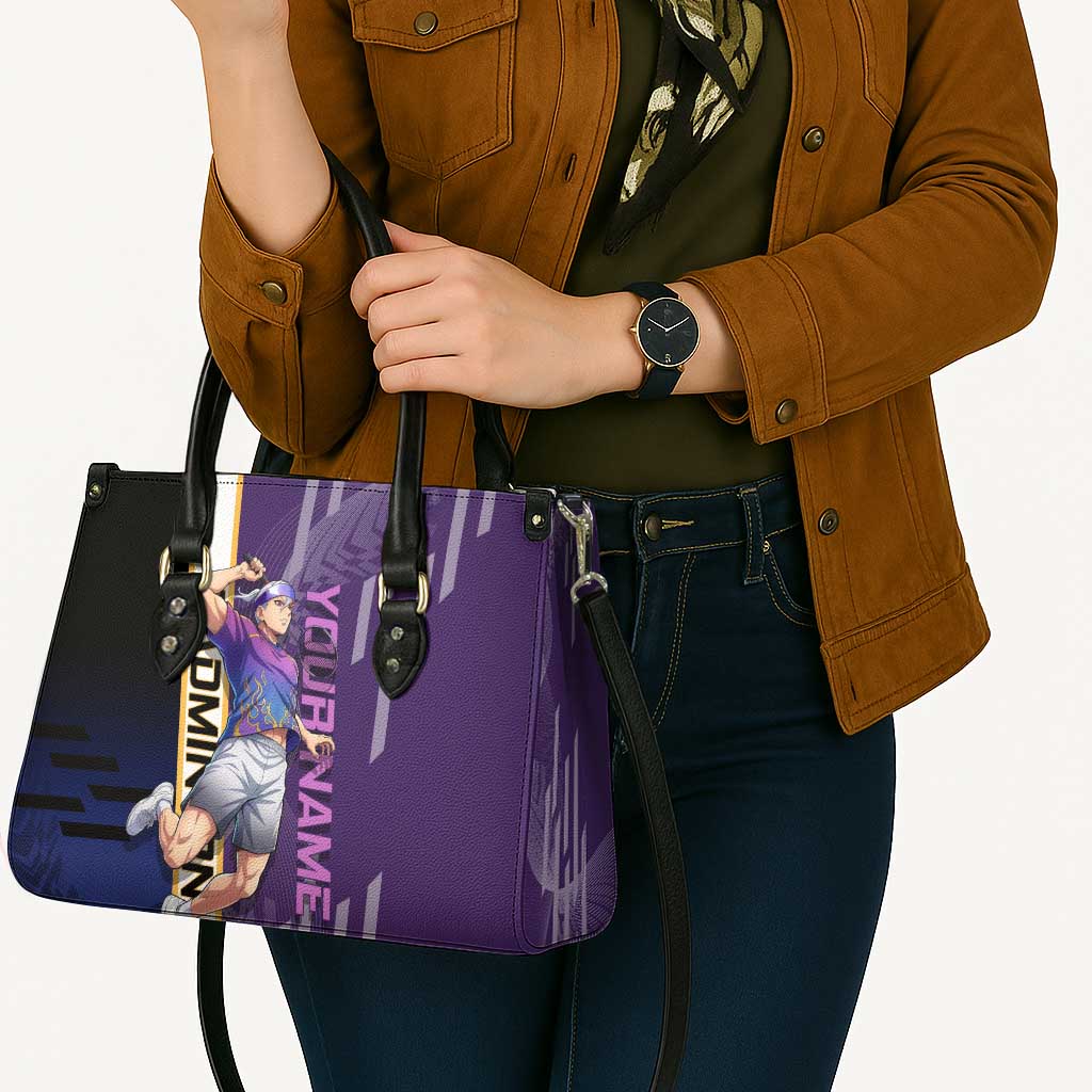 Personalized Tengen Uzui Demon Slayer Badminton Leather Bag with Racket Action Pose and Purple Black Graphic Design - The Mazicc