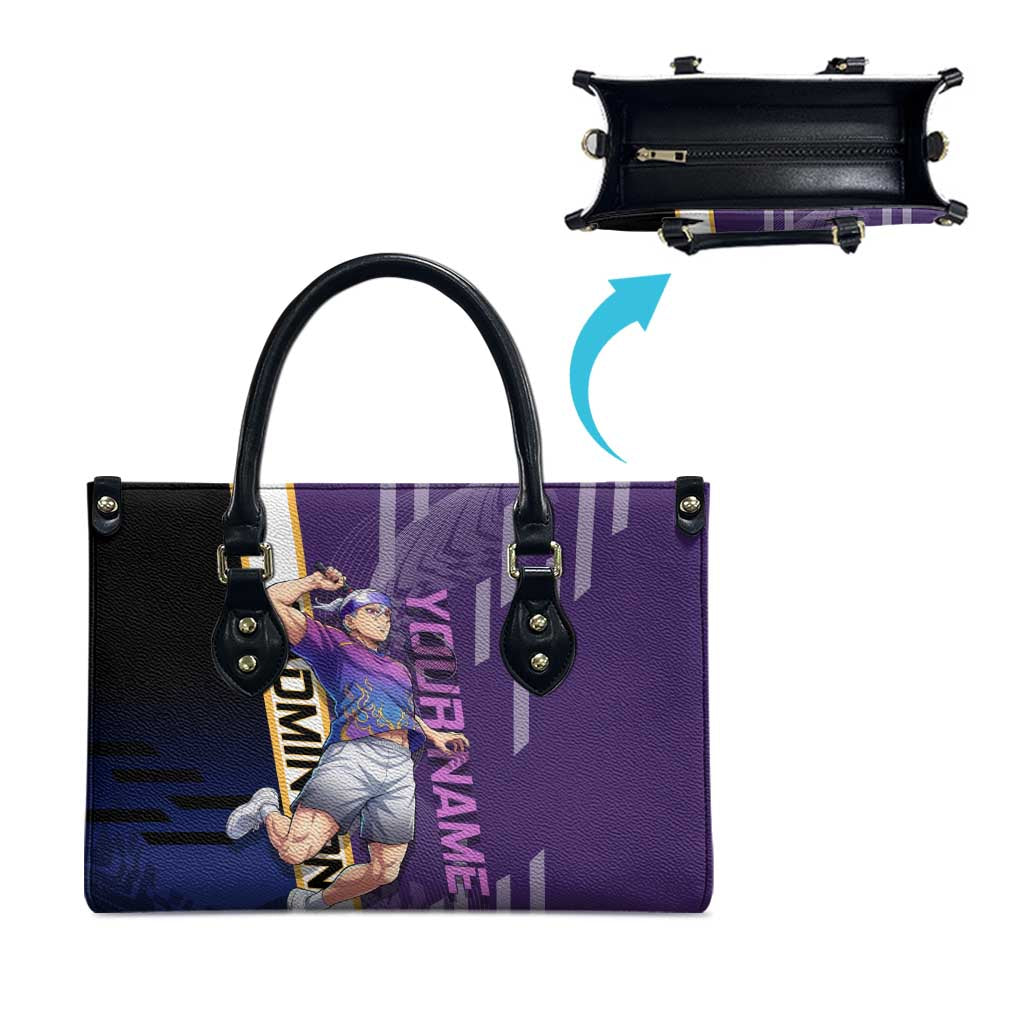 Personalized Tengen Uzui Demon Slayer Badminton Leather Bag with Racket Action Pose and Purple Black Graphic Design - The Mazicc