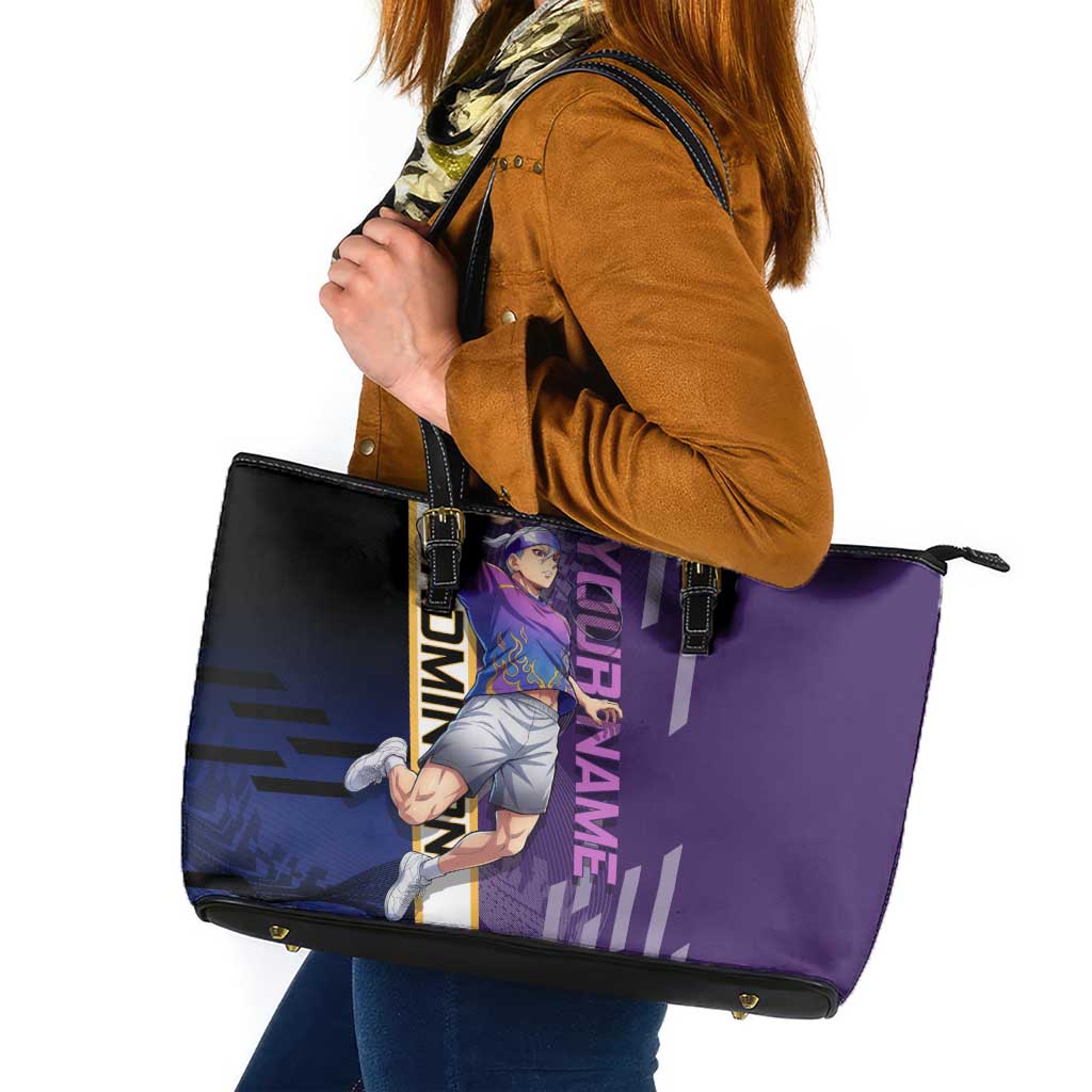 Personalized Tengen Uzui Demon Slayer Badminton Leather Tote Bag with Racket Action Pose and Purple Black Graphic Design - The Mazicc