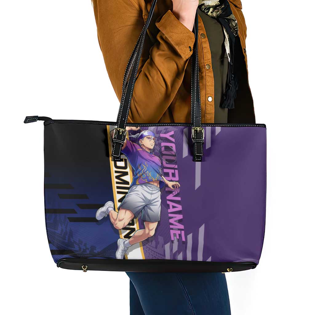 Personalized Tengen Uzui Demon Slayer Badminton Leather Tote Bag with Racket Action Pose and Purple Black Graphic Design - The Mazicc