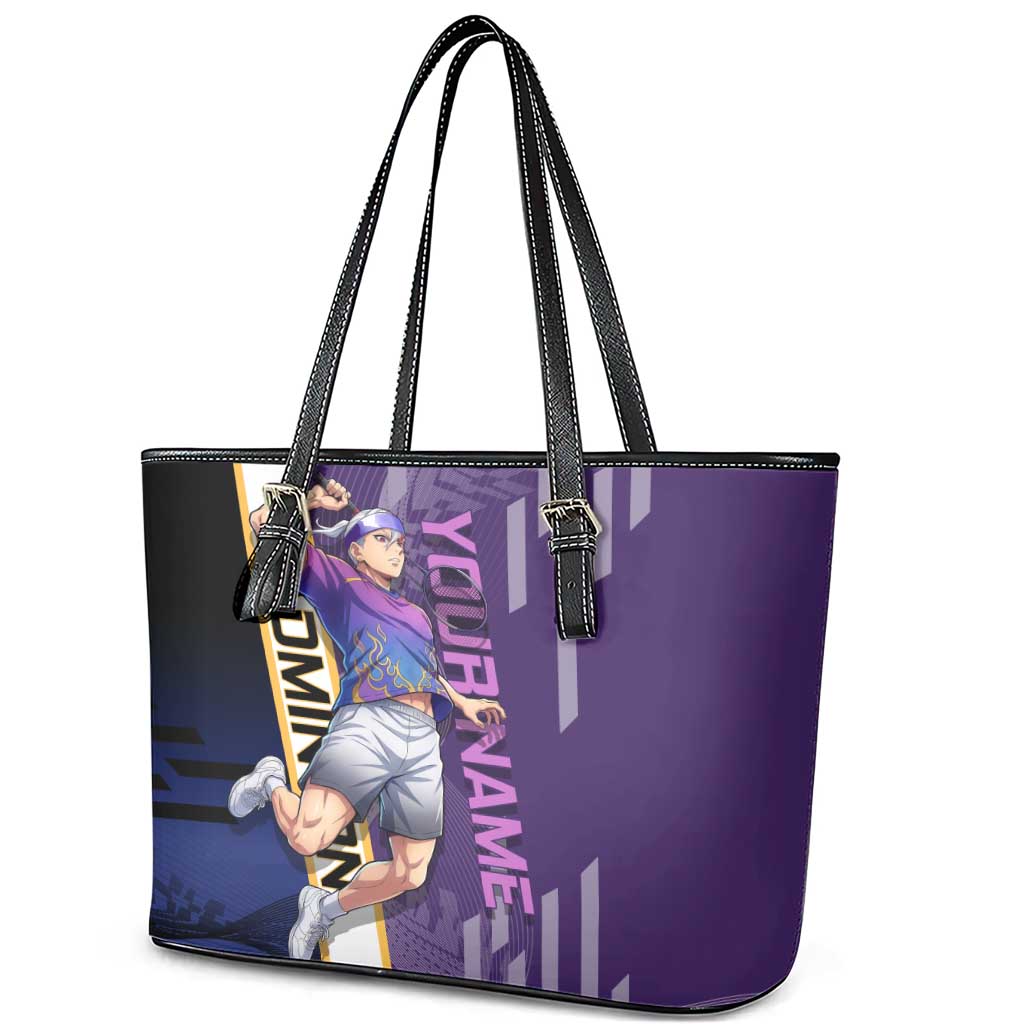 Personalized Tengen Uzui Demon Slayer Badminton Leather Tote Bag with Racket Action Pose and Purple Black Graphic Design - The Mazicc