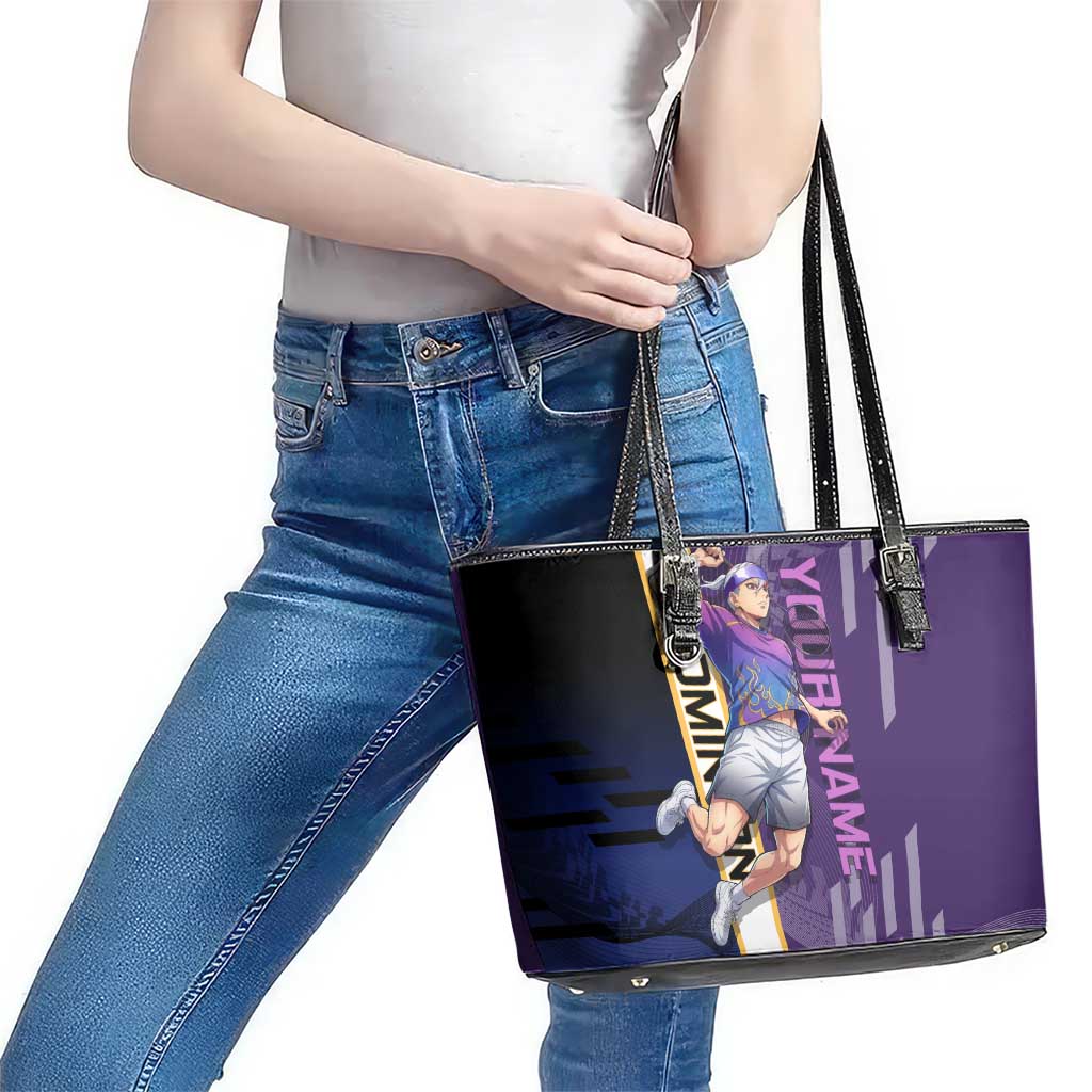 Personalized Tengen Uzui Demon Slayer Badminton Leather Tote Bag with Racket Action Pose and Purple Black Graphic Design - The Mazicc